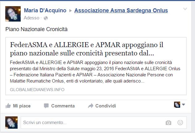 24 maggio 2016 Associazione Asma Sardegna Onlus FederASMA e ALLERGIE e APMAR appoggiano il piano nazionale sulle cronicità presentato dal Ministro della Salute maggio 23, 2016 FederASMA e ALLERGIE