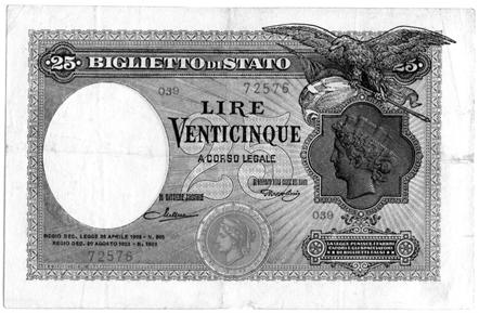 (1900-1943) 25 Lire 20/08/1923 - Alfa 105 RRR Maltese/Rossolini (Serie 039-72576) Piega a croce e piccoli restauri qbb 500 1196 10 Lire 1935-1938-1939-1944 Impero - Alfa 83-86 R assieme a 5