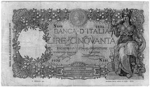 1201 BANCA d ITALIA - Vittorio Emanuele III (1900-1943) 50 Lire 22/02/1919 - Buoi - Alfa 221; Lireuro 4L RRR Canovai/Sacchi Lievi pieghe e minuscolo forellino BB+ 600 1202 50 Lire