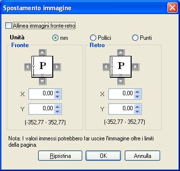 OPZIONI DI STAMPA 34 Spostamento immagine Questa opzione consente di specificare di quanto si desidera spostare l immagine su ciascuna pagina in relazione agli assi X (orizzontale) e Y (verticale) in