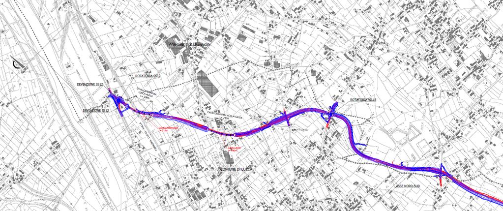 Asse Nord-Sud In sede di progettazione definitiva, come evidente dalla sovrapposizione della soluzione del PP (in rosso) e del PD (in blu) fornita nelle immagini seguenti, l