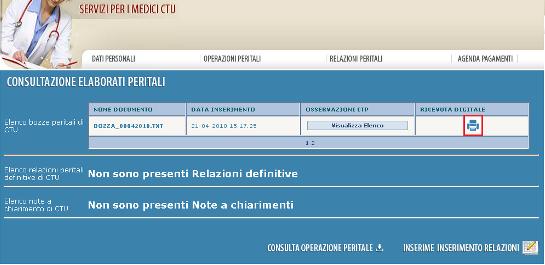 8.3 Ricevuta di inserimento elaborato peritale Una volta effettuato l inserimento di un elaborato peritale (relazione bozza/definitiva