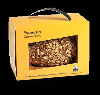 UOVA PAPUASIA MANDORLE NOCCIOLE E PISTACCHI 19,5 x 13 x 15cm Papuasia rivestito con Mandorle Nocciole e Pistacchi Latte 36% Cacao 450g - Imballo 2 pz Papuasia coated with Almonds, Hazelnuts and