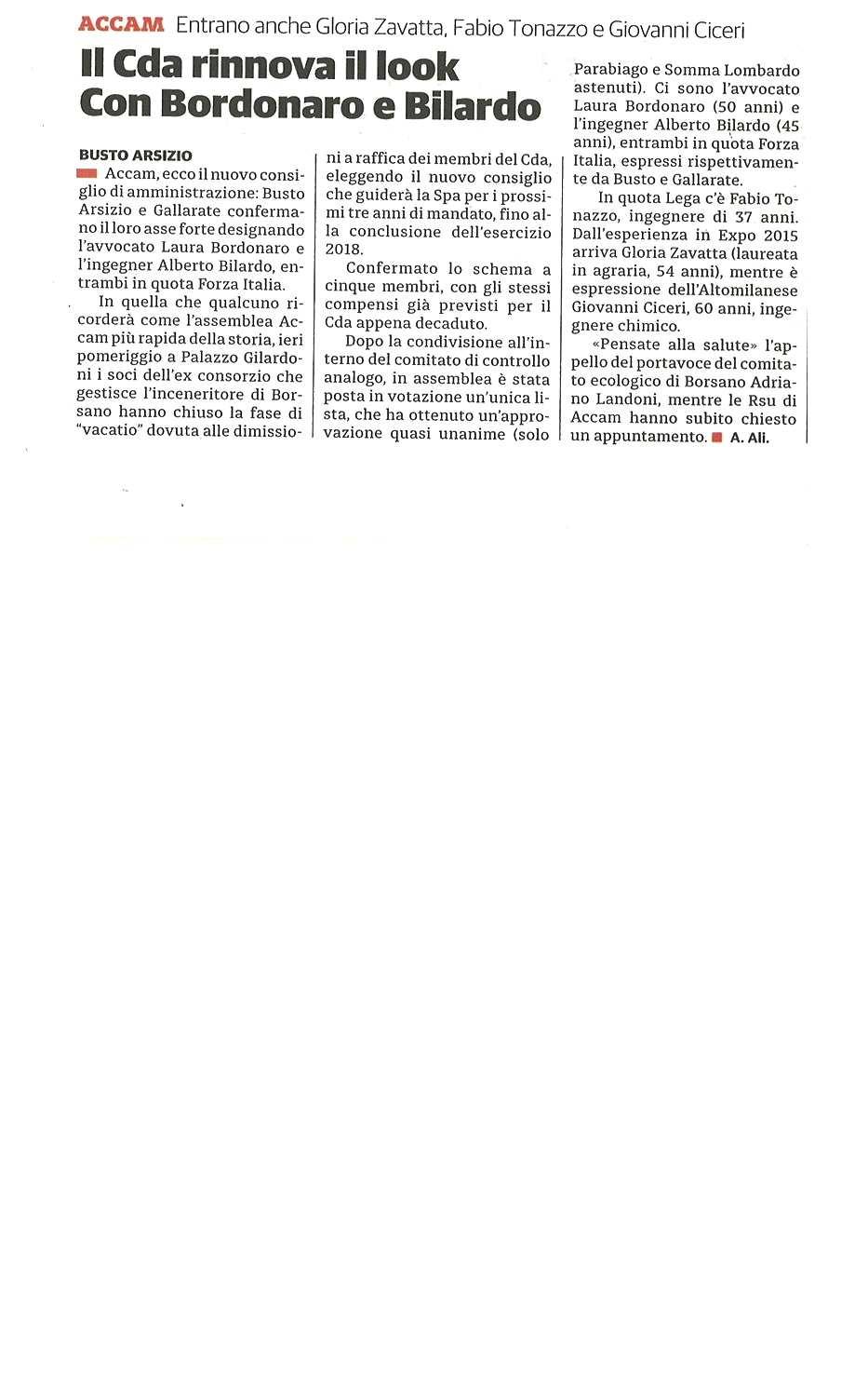 data rassegna 24/11/2016 Accam / Entrano anche Gloria Zavatta, Fabio Tonazz<o e Giovanni Ciceri IL CDA RINNOVA IL LOOK CON B