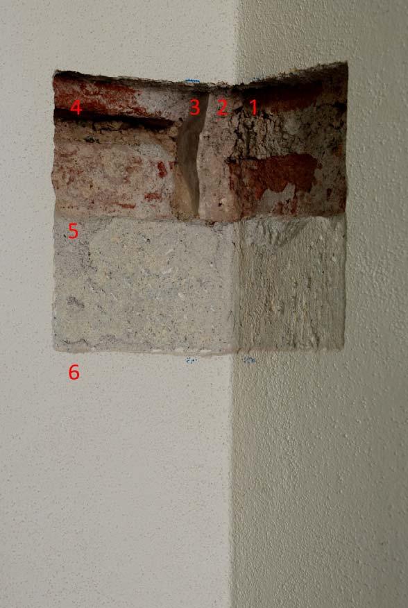 Stratigrafia TS 1A Materiali costitutivi: mattoni, malta da intonaco. Localizzazione: lato nord, piano terra, I sala (ufficio polizia municipale), parete destra, nicchia.