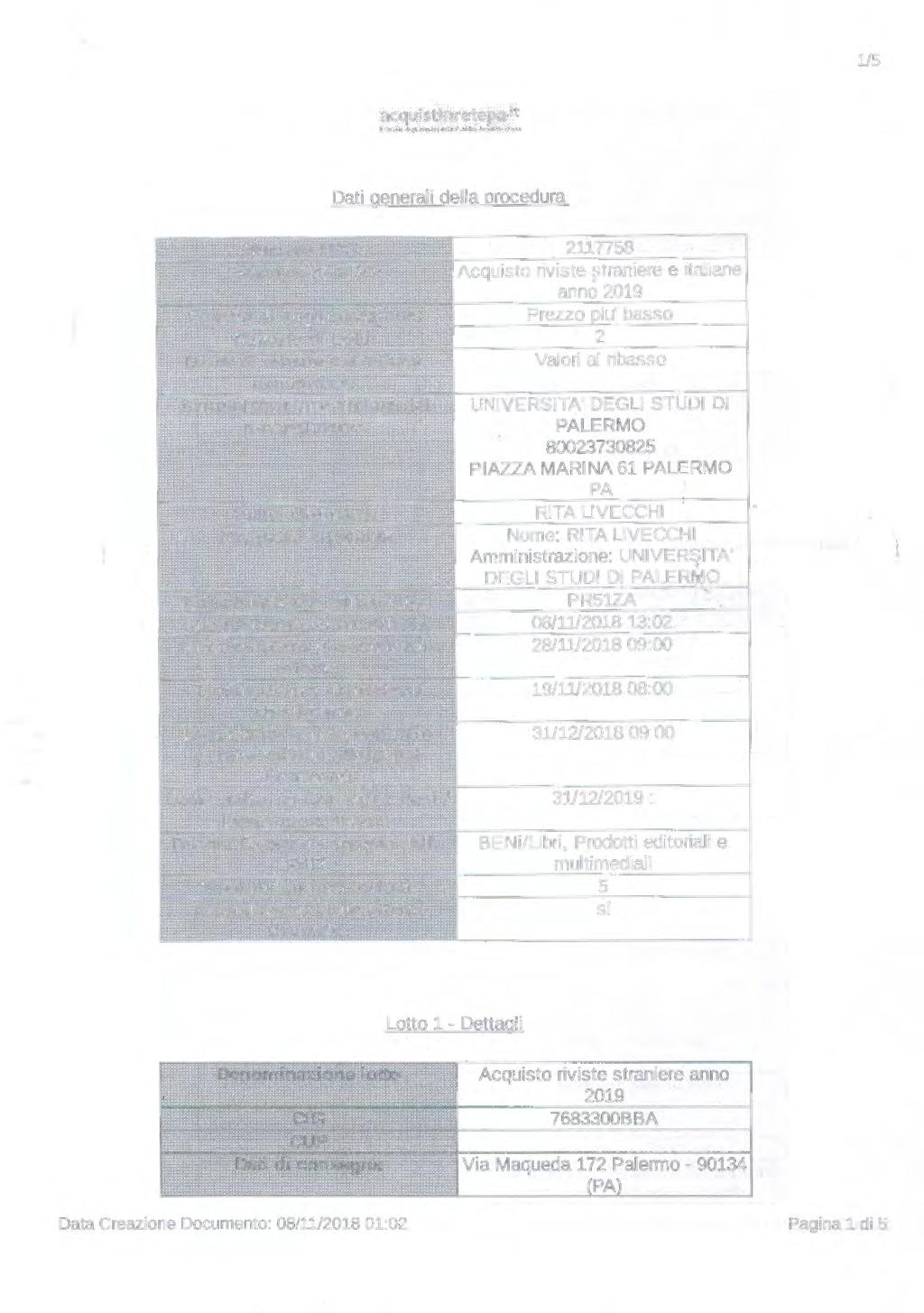 1/5 Dati generali della procedura Numero RDO: 2117758 Oescrizione RDO: Acquisto riviste ~traniere e italiane, anno 2019 Criterio di aaaiudicazione: Prezzo piu' basso Numero di Lotti: 2 Unita' di