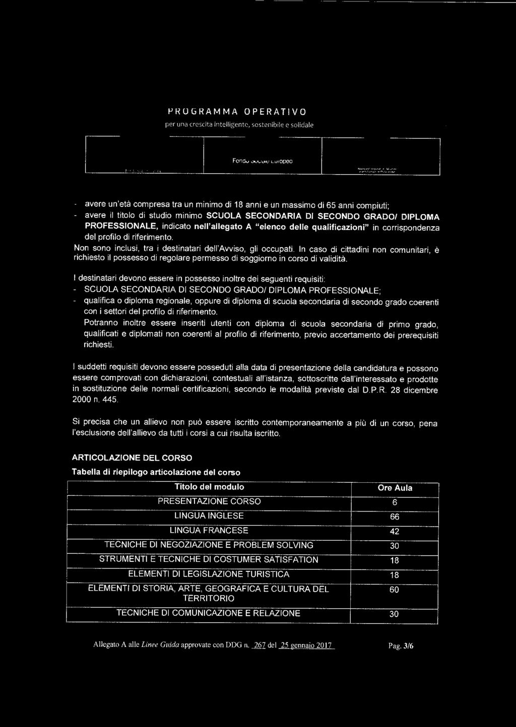 FSE FON DO SOC IA LE EVROPEO PR OGRAMMA OPERATIVO f\~ Fondo Sooote Europeo - avere un'età compresa tra un minimo di 18 anni e un massimo di 65 anni compiuti; - avere il titolo di studio minimo SCUOLA