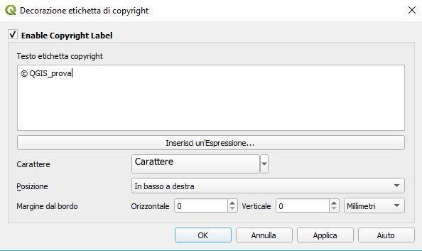 QGIS Decorazioni - Etichetta di copyrigth - Cliccare su visualizza e scegliere Decorazioni - Cliccare Etichetta copyright -