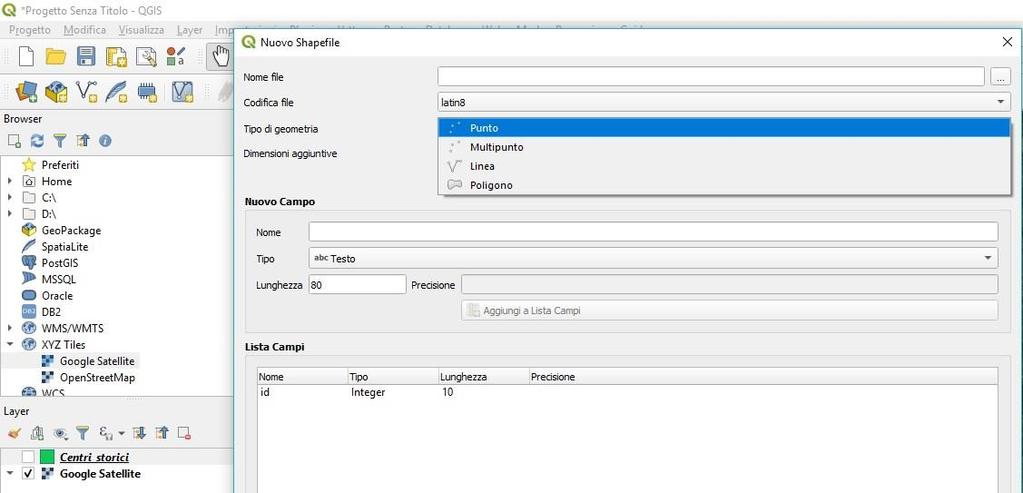 Disegnare vettori linea Digitiamo sull icona «NUOVO SHAPEFILE» oppure dalla barre degli strumenti seguiamo il seguente percorso: Layer Crea vettore Nuovo Shapefile Ipotizziamo di voler disegnare il