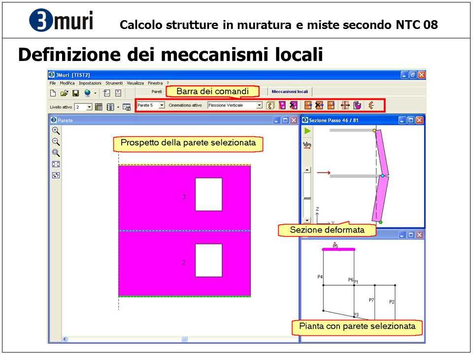 8 3Muri La definizione dei meccanismi locali è realizzata partendo dal modello globale definito ai fini del calcolo push-over, da cui si ricabvano direttamente le caratteristiche geometriche della