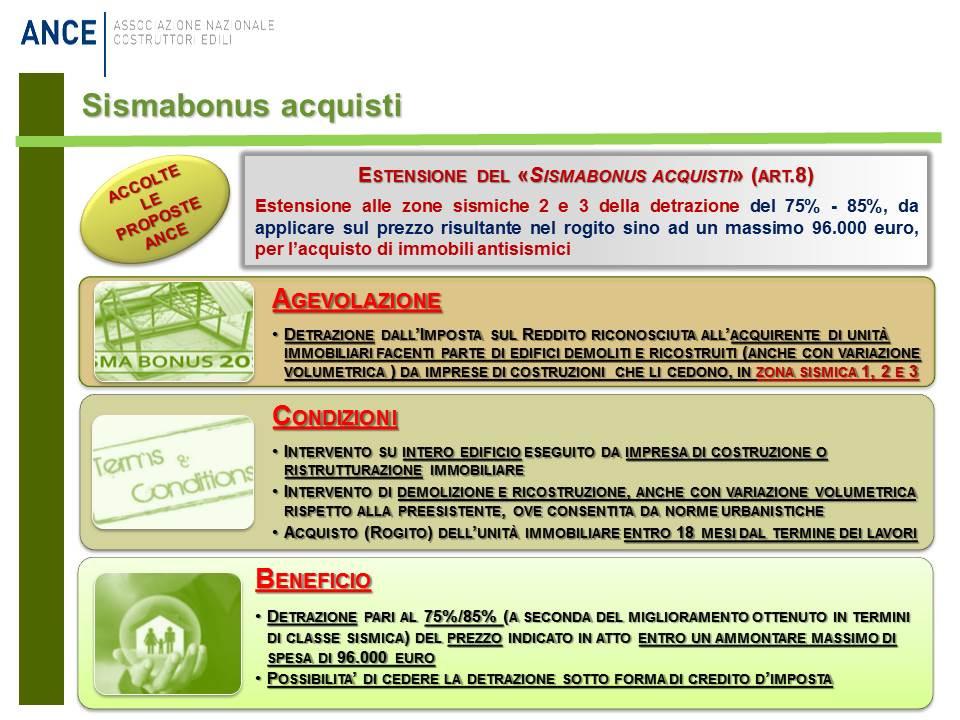 Condizioni specifiche di accesso al bonus Di seguito si ricorda che, per poter usufruire del Sismabonus in caso di acquisto di unità immobiliari antisismiche site nei comuni a rischio sismico 1, 2 e