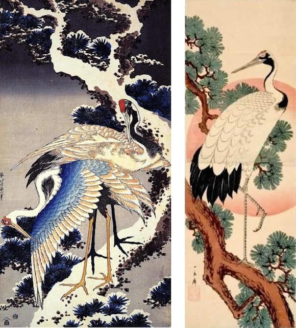 A sinistra: Katsushika Hokusai 1760-1849 - Gru sopra un pino innevato 1834 A destra: Utagawa Hiroshige 1797-1858 - Gru, Pino e Sole Nascente 1852 La penultima sezione della mostra è invece dedicata a