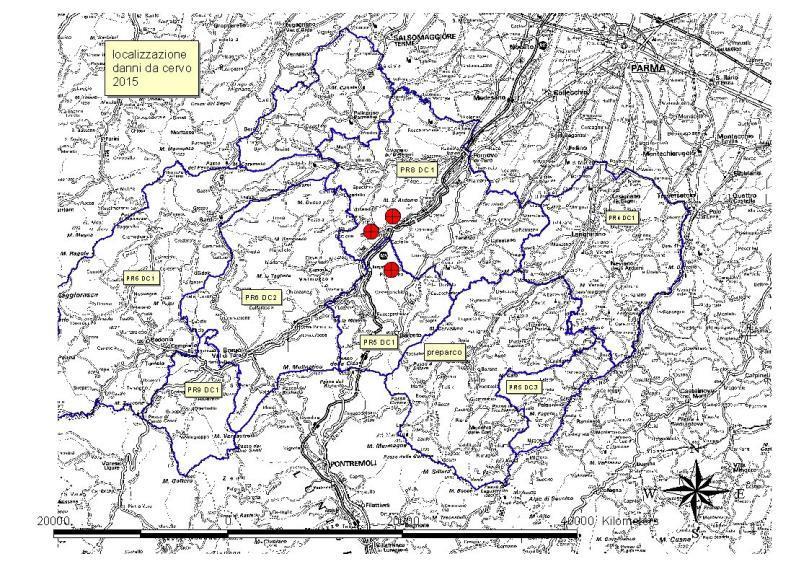 Provincia di Parma Nell anno 2015 sono stati accertati 3 distinti episodi di danneggiamento alle produzioni agricole di cui 2 nel distretto PR8DC1, uno nel distretto PR5DC1 per un danno