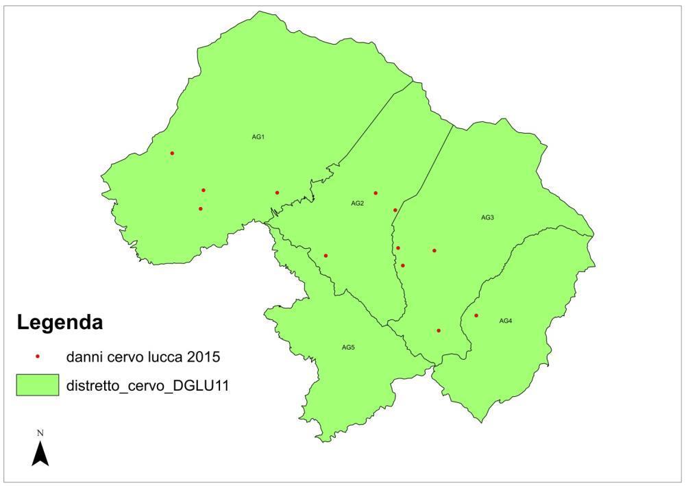 Figura LU2 Localizzazione dei danni da cervo accertati nell anno 2015 distretto DGLU11 Comune Importo ( ) Coltura Are di Gestione Camporgiano 79,78 Frutteto AG2 Castiglione di Garfagnana 105,00