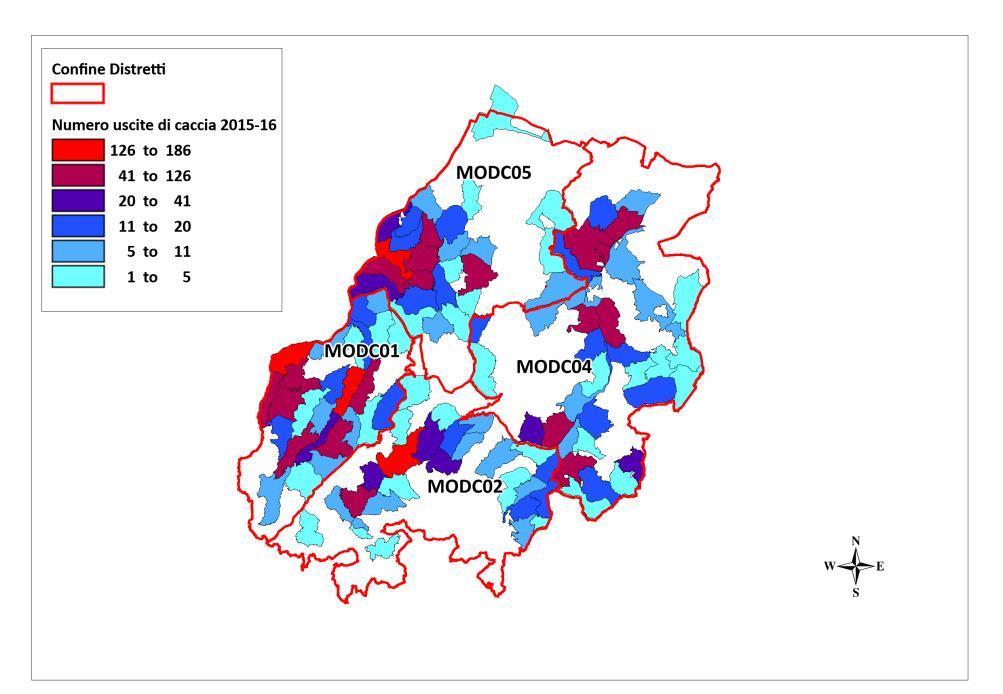 Relativamente allo sforzo di caccia, nella stagione venatoria 2015-16 si è verificato un aumento del numero di uscite che sono passate da 1.314 del 2014-15 alle attuali 2.