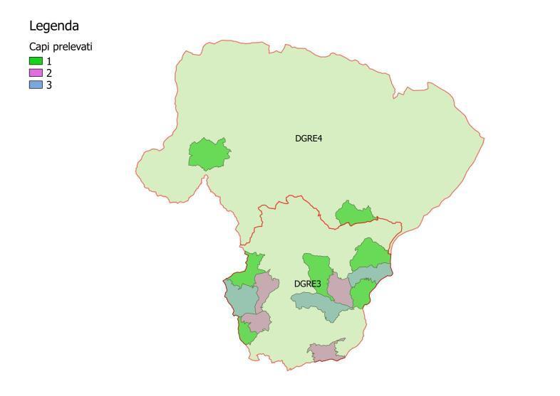 Nel DGRE03 la densità di prelievo più alta è stata realizzata nelle aree n 87, 89, 93 (3 capi/100 ha).