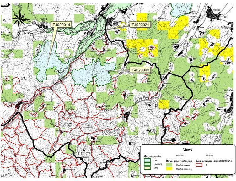 interessata dalla presenza del Cervo o in aree contigue, vi sono almeno cinque Siti che risultano strategici, (figura PR25, figura PR26: IT4020021 Medio Taro IT4020006 Monte Prinzera IT4020014 Monte