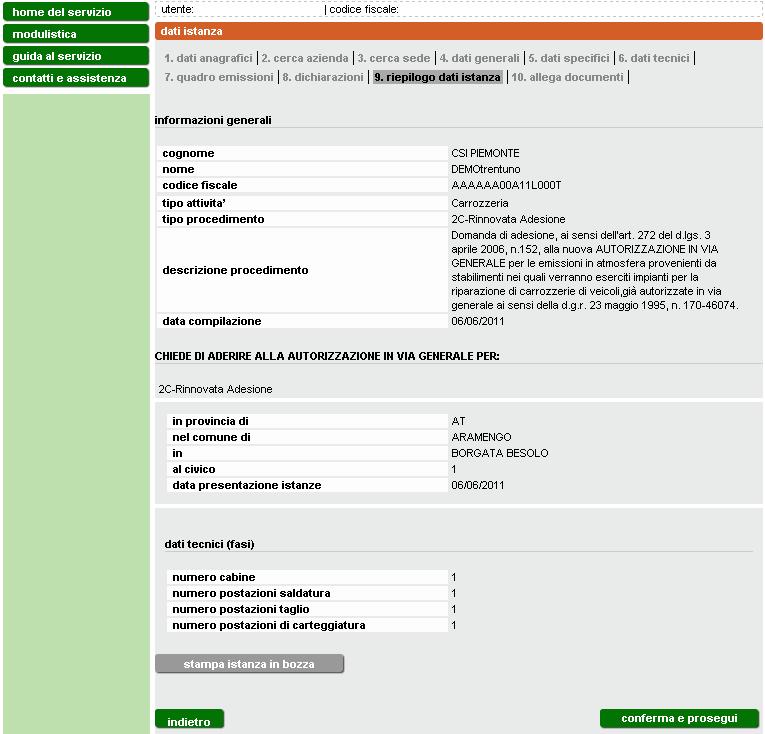 3.5 Riepilogo Nella schermata di riepilogo (Figura 26) è possibile visualizzare e controllare parte delle informazioni inserite per l istanza.