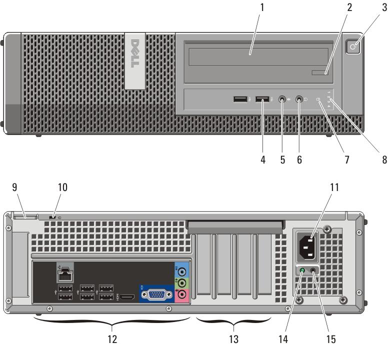 7. pulsante di espulsione dell'unità ottica 8. connettori USB 2.0 (2) 9. indicatore di attività del disco rigido 10. indicatore di diagnostica 11. pulsante di diagnostica 12.