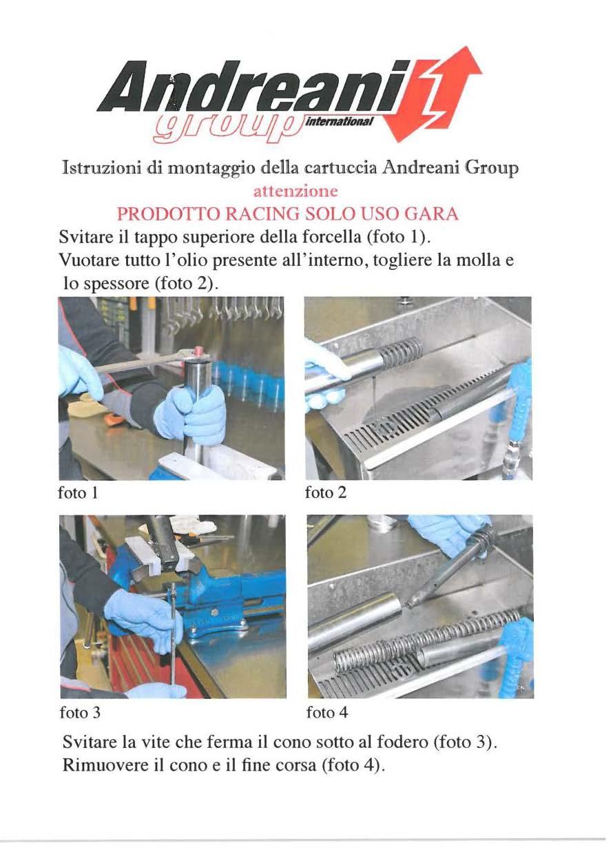 Istruzioni di montaggio ded.la cartuccia Andreani Group attenzione PRODOTTO RACING SOLO USO GARA Svitare il tappo superiore della forcella (foto l).