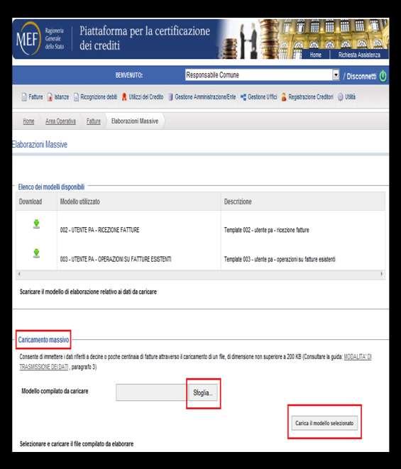 Nella sezione Caricamento massivo è possibile selezionare il file compilato tramite il