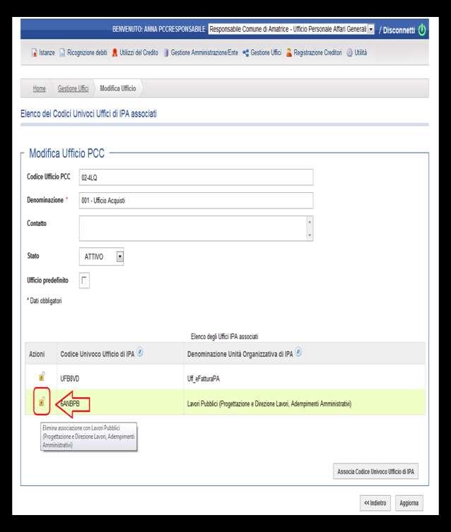 2.2. Cancellazione delle associazioni tra gli uffici PCC e gli uffici/unità Organizzative di IPA Anche in questo caso la procedura da seguire per effettuare tali associazioni deve essere avviata