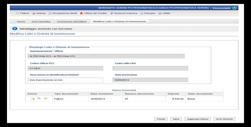 Dopo aver salvato i dati riferiti ad una o più fatture 110, è possibile procedere alla trasmissione della distinta utilizzando il tasto Invio Distinta. Figura 62-