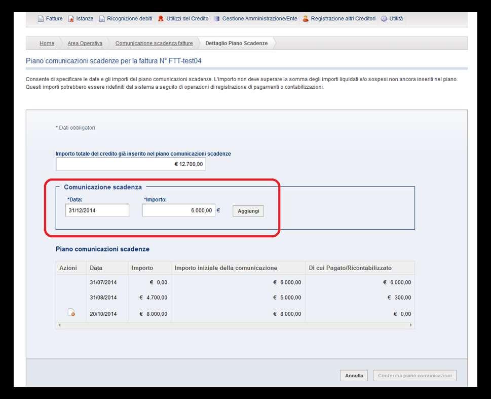Viene visualizzato il dettaglio del Piano Comunicazioni Scadenze della singola fattura.