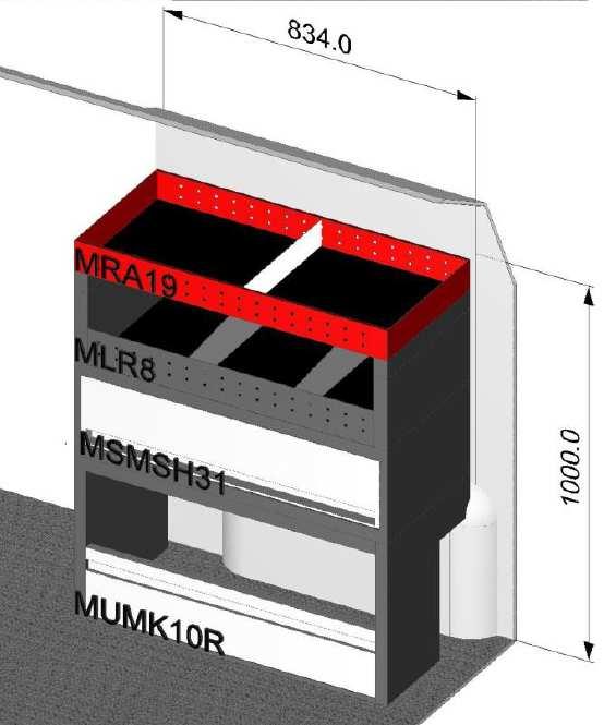 Fiat Doblò Versione Hard Pavimento + + Descrizione Quantità copripassaruota con anta e sagomatura a sx 1 scaffale con anta 180mm 1 tappetino antiscivolo 1 scaffale con 5 vaschette 1 coppia adattatori