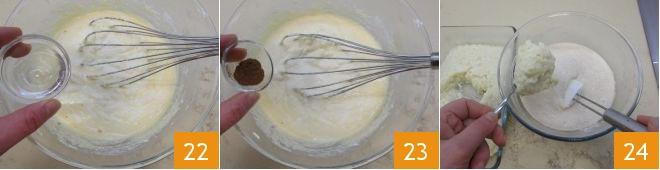 Quando il riso si sarà raffreddato completamente, aggiungetelo al composto di uova un cucchiaio alla volta (24), continuando a mescolare per amalgamarlo al meglio.