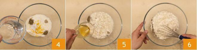 In una ciotola versate la farina, grattugiate la scorza di limone (1),