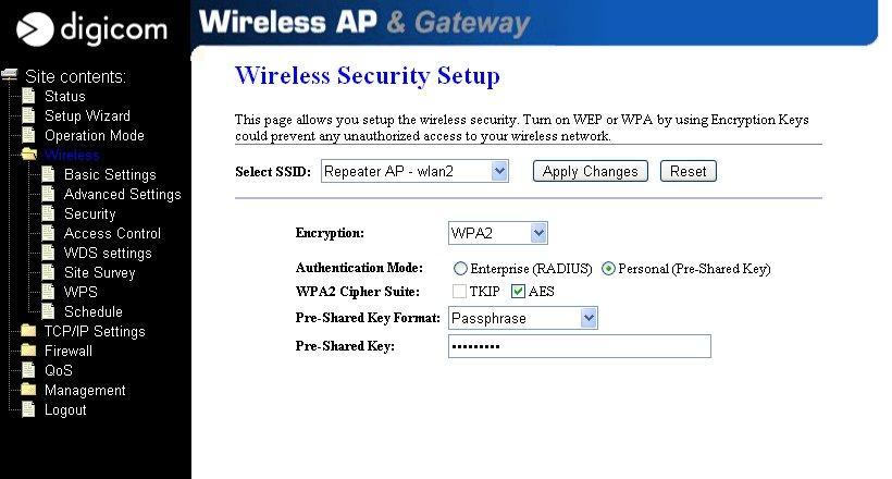 Impostazione Security Client e Root AP per la connessione alla rete Wireless originale Nel menu Wireless Security, selezionare SSID: Repeater AP wlan2