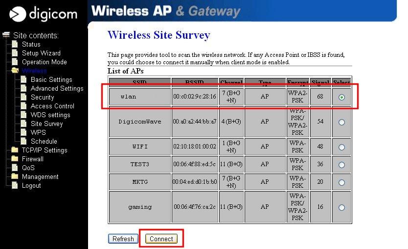 Connessione alla rete wirless remota Dal menu Wireless Site Survey cliccare su Refresh e poi su Select in corrispondenza della rete wireless originale (wlan