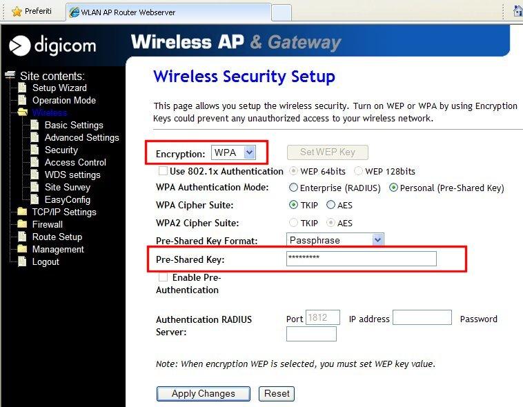 Impostazione Security e Client per la connessione alla rete Wireless originale Nel menu Wireless Basic Settings impostare Mode su Client e cliccare su Apply Changes.