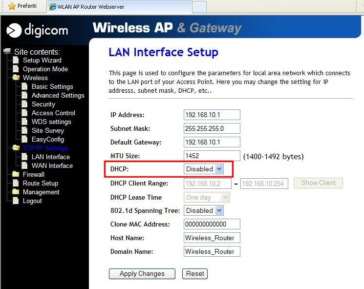 Disabilitazione DHCP Server locale Dal menu TCP/IP Settings LAN Interface selezionare Disabled e cliccare su Apply Changes.