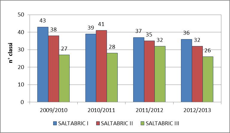 Grafico 4 : n classi che hanno frequentato le attività del progetto Saltabric dall'anno scolastico 2009/2010 al 2012/2013.