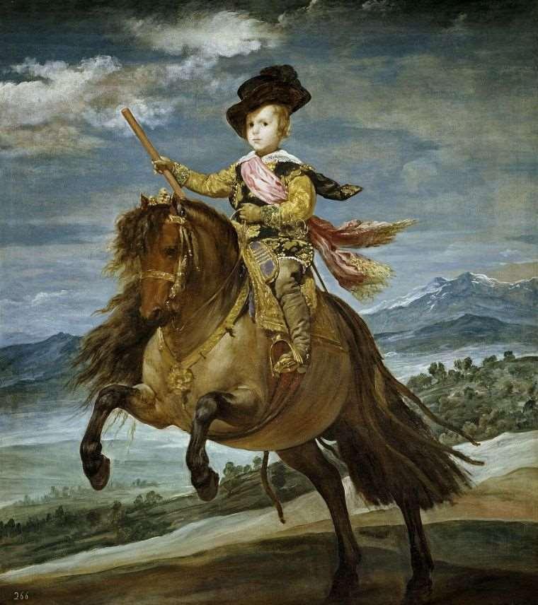 Ritratto del principe Baltasar Carlos a cavallo Espressione malinconica ma determinata che esprime il suo carattere Abiti preziosi realizzati con particolare cura nei dettagli
