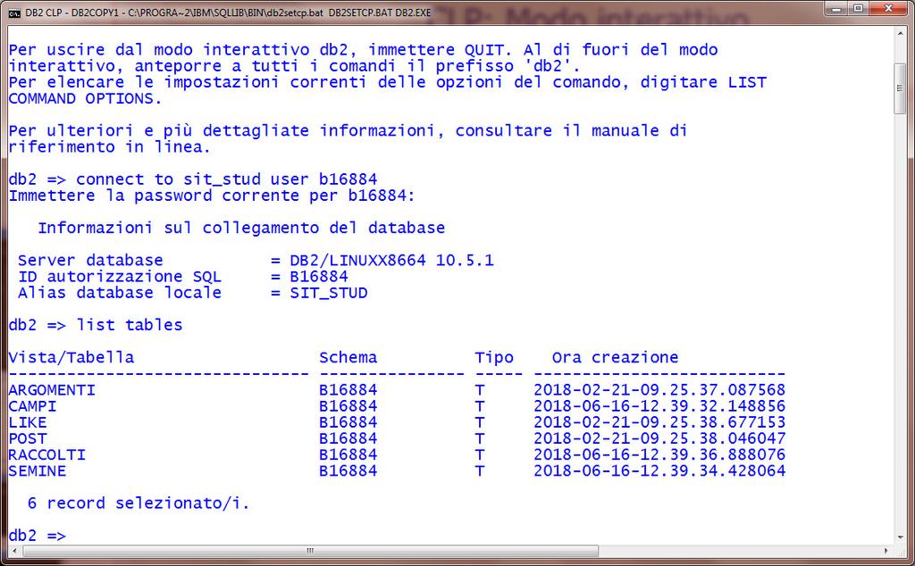 Command Line Processor (CLP) Ha due modalità di funzionamento: Modo comando, caratterizzato dal prompt del SO Modo interattivo, caratterizzato dal prompt db2 Quando viene lanciato, il CLP parte in