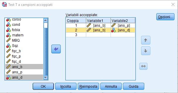 SPSS: Campioni appaiati Analizza Confronta medie Test T: campioni appaiati In Variabili appaiate bisogna inserire due