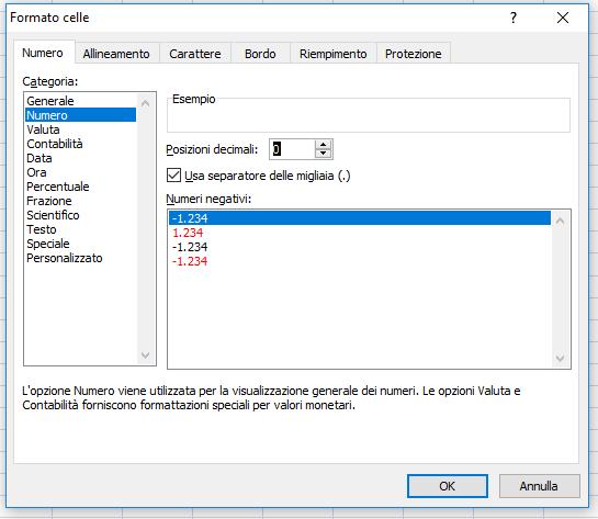 FORMATO CELLE DI LAVORO ESEMPIO In questo caso è stato selezionato il formato Numero con 0 posizioni decimali e viene