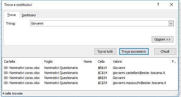 elemento ricercato dall elenco dei nominativi Nella versione 2003 i comandi si trovano su Modifica Dobbiamo quindi inserire il contenuto da ricercare e dare il via alla ricerca.