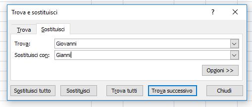 OPERAZIONI SU CELLE DI LAVORO TROVA E SOSTITUISCI La sostituzione può essere fatta una alla volta o tutta insieme.