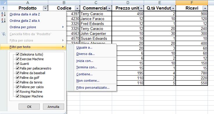 OPERAZIONI SU CELLE DI LAVORO FILTRA I filtri sono uno strumento utile per selezionare una parte dei dati che compongono un elenco in base a dei criteri di ricerca: se il criterio è verificato la