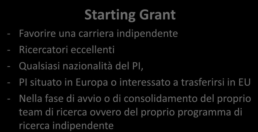 StG vs AdG Starting Grant - Favorire una carriera indipendente - Ricercatori eccellenti - Qualsiasi nazionalità del PI, - PI situato in Europa o