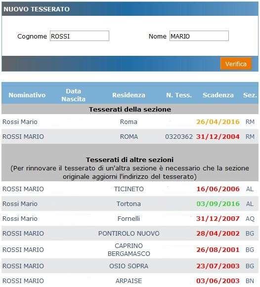 Con la funzione «Nuovo Tesserato» possiamo creare nuove anagrafiche, o cercare tesserati al di fuori della società/sezione.