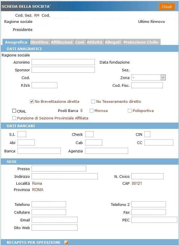 GESTIONE ANAGRAFICA SOCIETA Cliccando su «Anagrafica» appare la schermata qui a sinistra, nella quale avrete la possibilità di modificare alcuni dati di riferimento dell A.S.D.