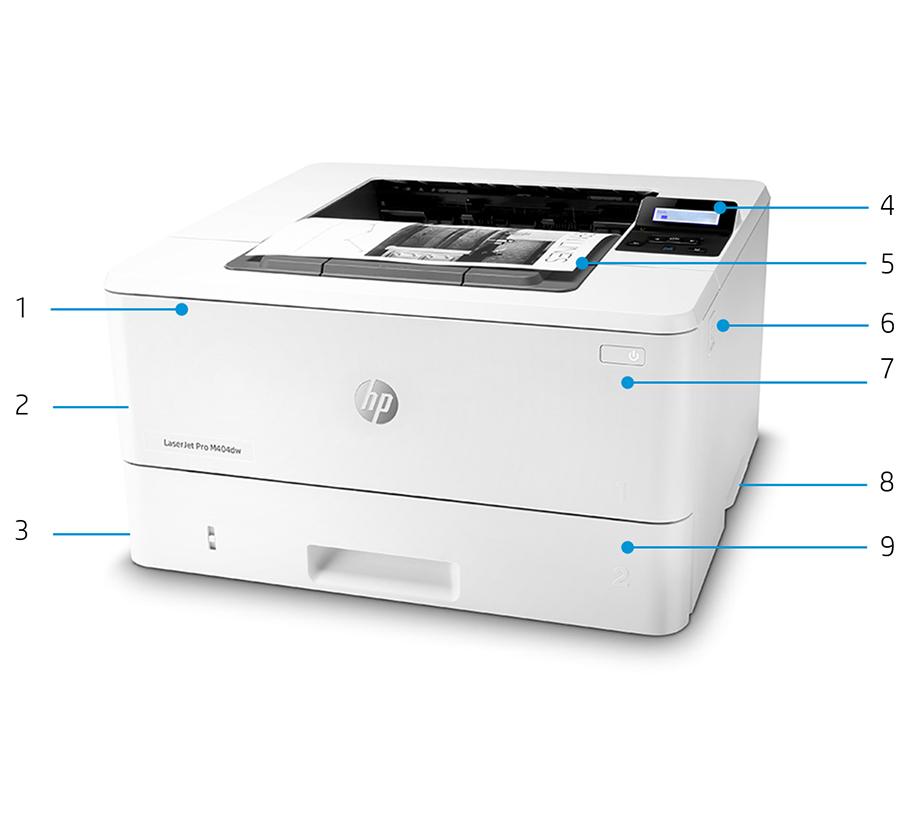 Panoramica del prodotto Nell'illustrazione: stampante HP LaserJet Pro M404dw 1. Il vassoio multifunzione 1 da 100 fogli gestisce supporti di dimensioni fino a 216 x 356 mm 2. Porta USB Hi-Speed 2.