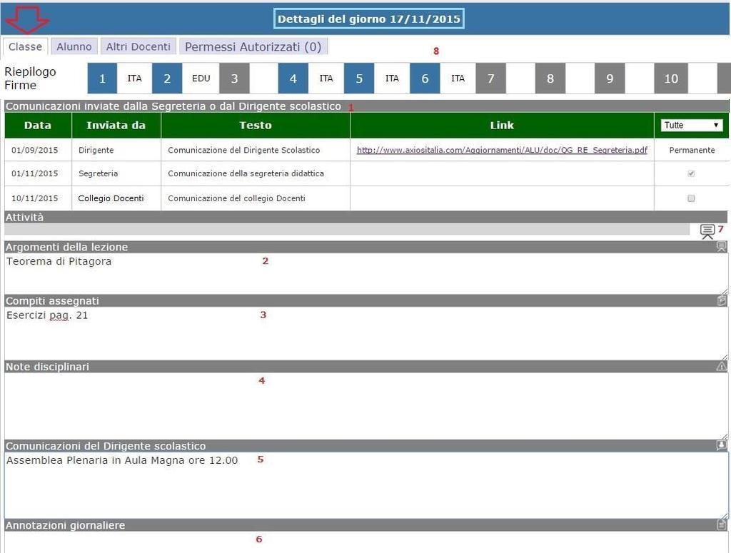 Accanto all elenco degli alunni troviamo il dettaglio del giorno per quanto riguarda l inserimento e/o la modifica delle informazioni del docente per l intera classe, per singolo alunno e la