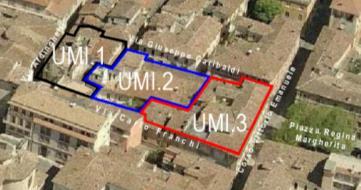 più edifici, quali ad esempio i meccanismi complanari delle facciate. Fig. 16 Aggregato urbano nel centro storico di L Aquila Fig. 17 Individuazione delle UMI 3.