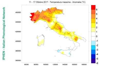 Fig. 2 - Precipitazioni cumulate nel periodo in esame. Total precipitation for the analyzed period. Fig. 3 Anomalia della temperatura massima nel periodo in esame rispetto alla media 1993-2010.